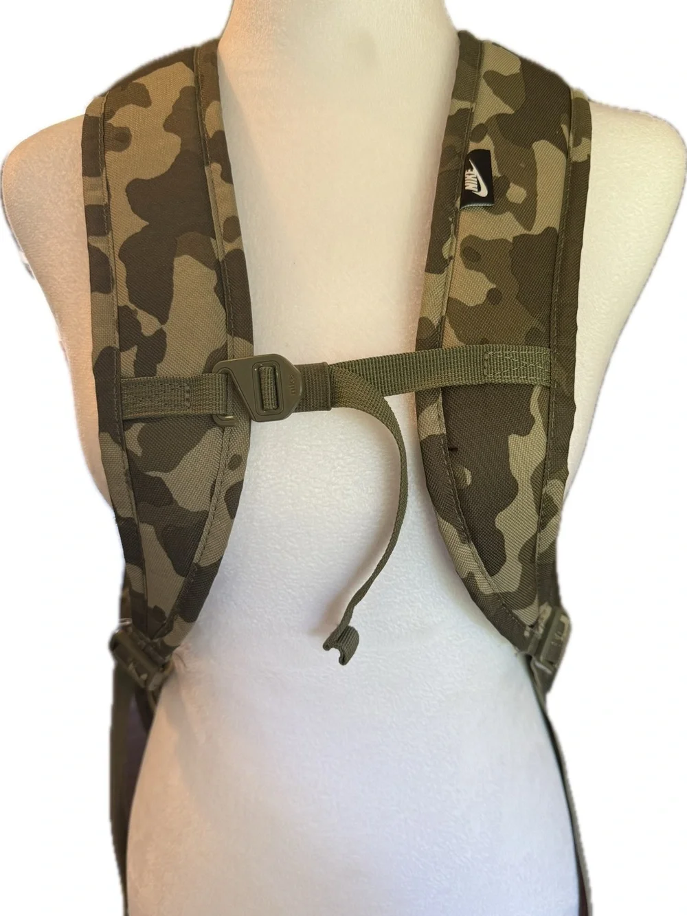 Nike Camo Backpack with White Logo and Olive Accents